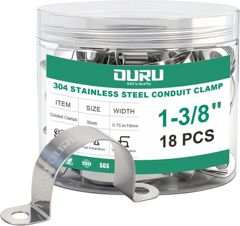 ORU 18pcs 1-3/8 Inch Conduit Clamp 304 Stainless Steel, Rigid Metal Pipe Clamp U Bracket, 2 Holes Pipe Strap for Automotive, Wire & Tube - Image 1